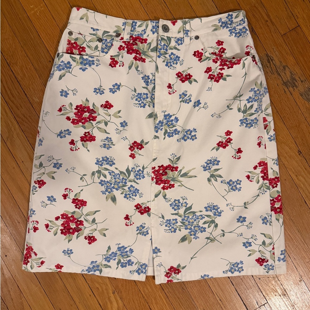 Eddie Bauer Floral Cream Pencil Skirt with Red & Blue Blooms